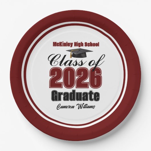 Personalized Maroon Class of 2026 Graduation Party ペーパープレート (正面)