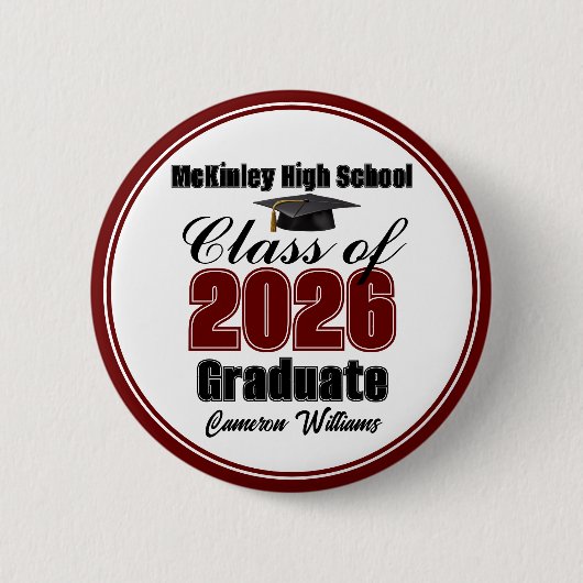 Personalized Maroon Class of 2026 Graduation Party 缶バッジ (正面)