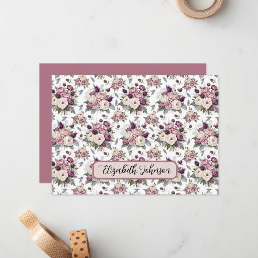 Personalized Mauve Floral Botanical Note Card ノートカード (正面/裏面インサイチュ)