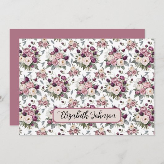 Personalized Mauve Floral Botanical Note Card ノートカード (正面/裏面)
