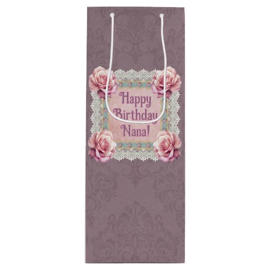 Personalized Mauve Roses Lace Damask Gift Bag ワインギフトバッグ (正面)