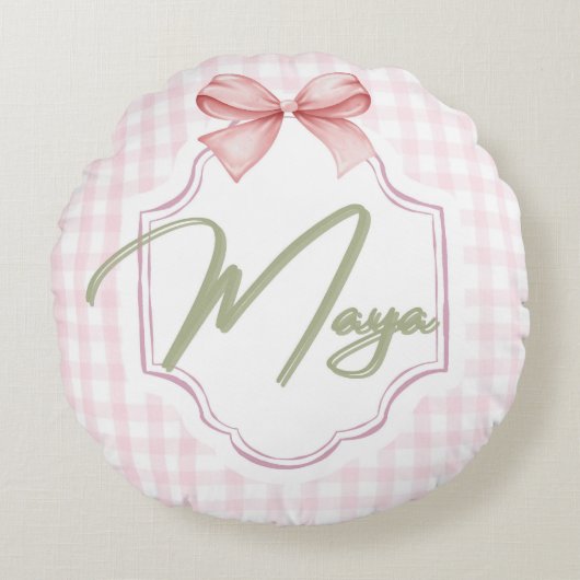 Personalized Maya Baby Girl Nursery Bow&Gingham ラウンドクッション (正面)