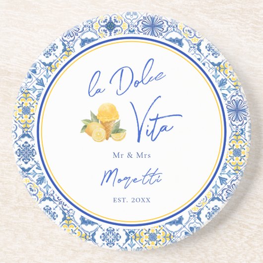 Personalized Mediterranean Tile Newlywed Home コースター (正面)