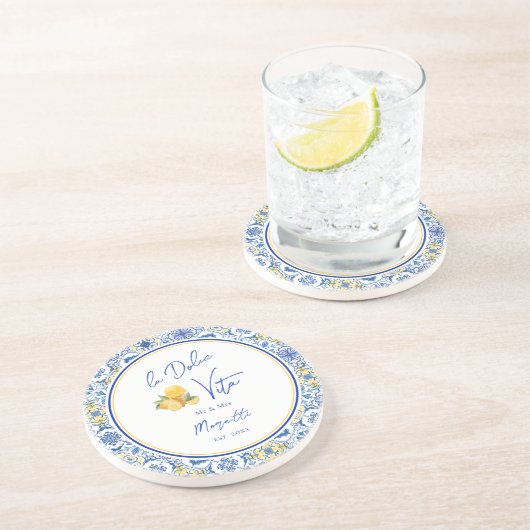 Personalized Mediterranean Tile Newlywed Home コースター (側面)