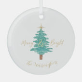 Personalized "Merry and Bright" Watercolor Tree ガラスオーナメント (正面)