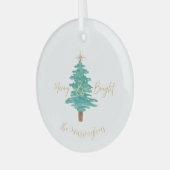 Personalized "Merry and Bright" Watercolor Tree ガラスオーナメント (正面左)