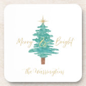 Personalized "Merry and Bright" Watercolor Tree コースター (正面)