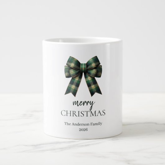 Personalized Merry Christmas | Green Plaid Bow ジャンボコーヒーマグカップ (正面)