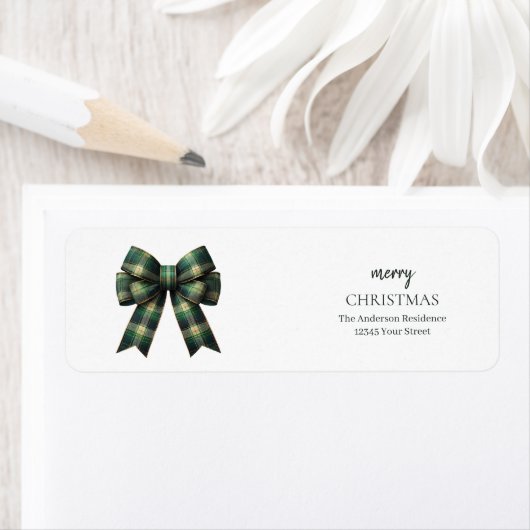 Personalized Merry Christmas | Green Plaid Bow ラベル (インサイチュ)