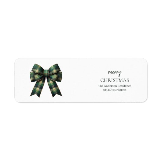 Personalized Merry Christmas | Green Plaid Bow ラベル (正面)