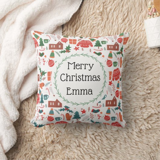 Personalized Merry Christmas Name Holiday Pillow クッション (ブランケット)