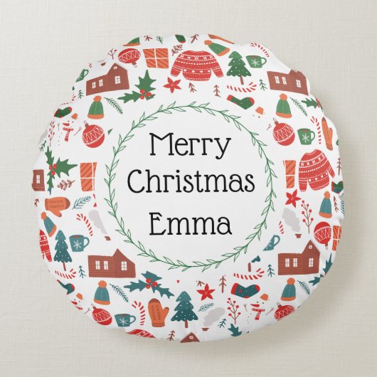 Personalized Merry Christmas Name Holiday Pillow ラウンドクッション (正面)