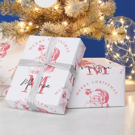 Personalized Merry Christmas Pink Santa Monogram ラッピングペーパー (クリスマス)