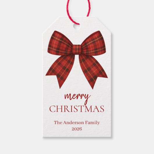 Personalized Merry Christmas | Red Plaid Bow ギフトタグ (正面)