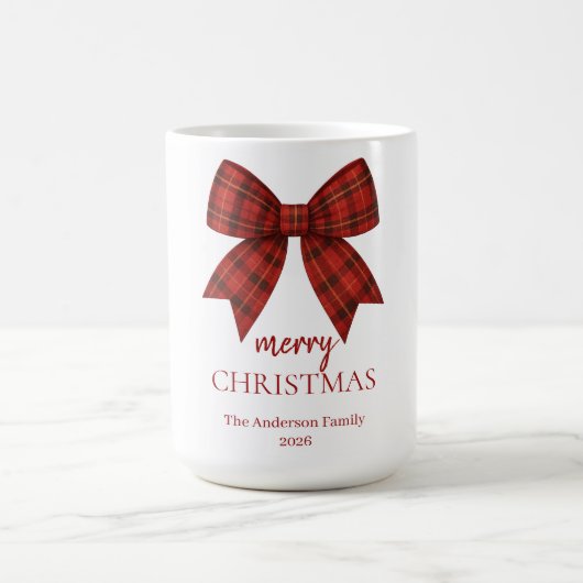 Personalized Merry Christmas | Red Plaid Bow コーヒーマグカップ (中央)
