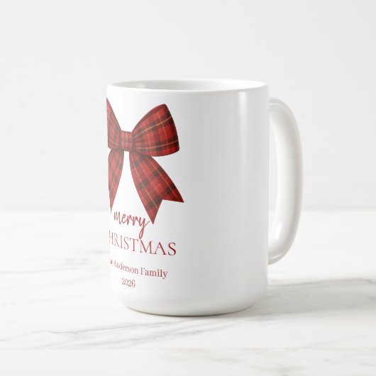 Personalized Merry Christmas | Red Plaid Bow コーヒーマグカップ (正面右)