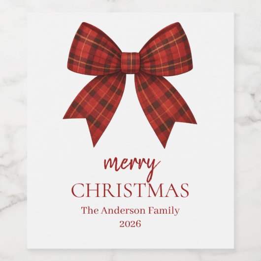 Personalized Merry Christmas | Red Plaid Bow ワインラベル (シングルラベル)