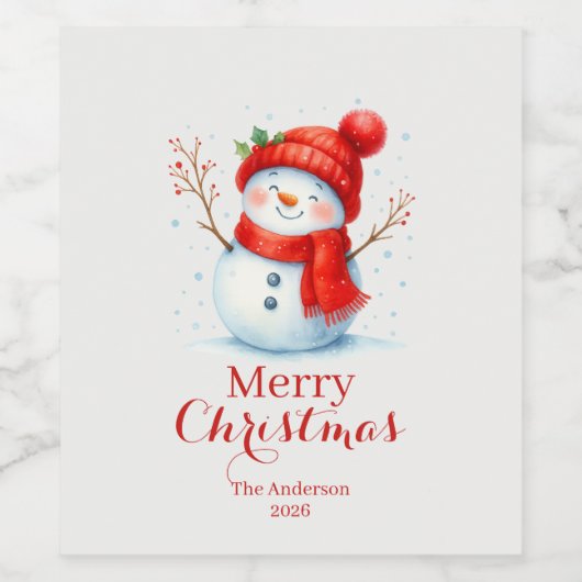 Personalized Merry Christmas Snowman Custom Year  ワインラベル (シングルラベル)