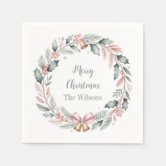 Personalized Merry Christmas Wreath スタンダードカクテルナプキン (正面)
