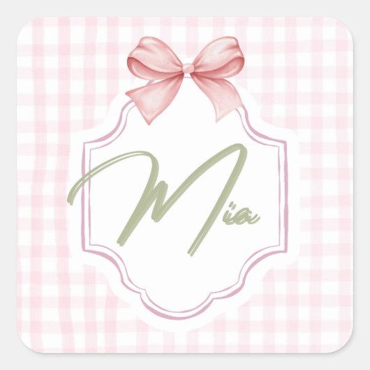 Personalized Mia Baby Girl Nursery Bow & Gingham スクエアシール (正面)