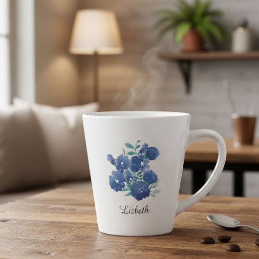 Personalized Midnight Bloom Blue Floral Latte Mug カフェラテマグ