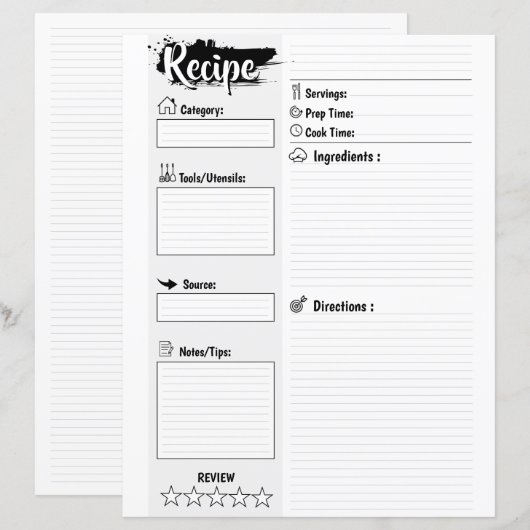 Personalized Minimal Basic Blank Recipe Page Sheet (正面/裏面)