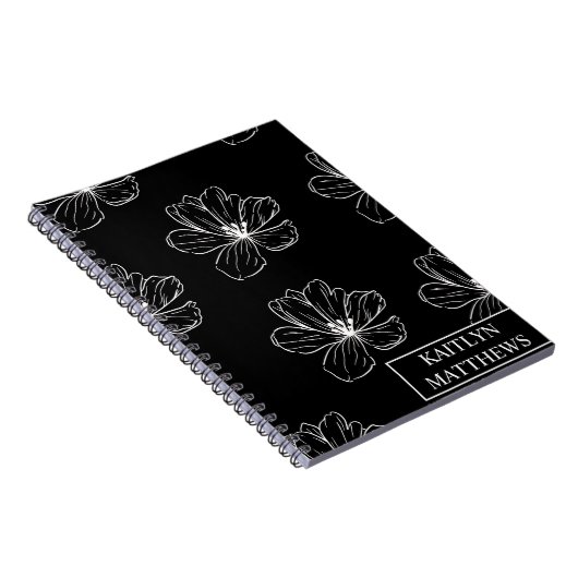 Personalized Minimal Black Floral with Name ノートブック (右側)