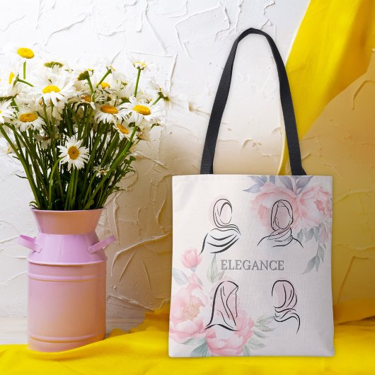 Personalized Minimalist Hijab Line Art Floral Tote トートバッグ