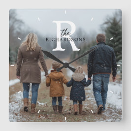 Personalized Minimalist Monogram Name Family Photo スクエア壁時計
