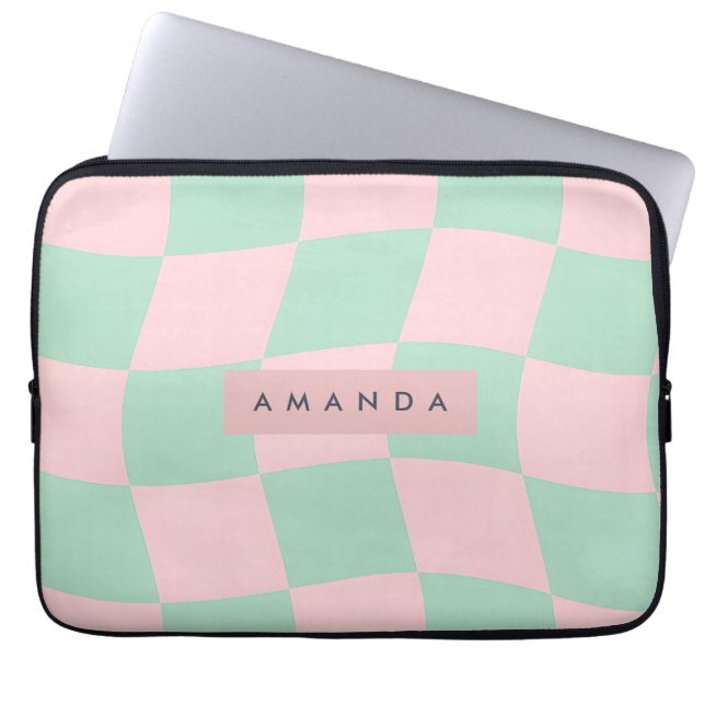Personalized Mint Green and Blush Pink Checkered ラップトップスリーブ (正面)