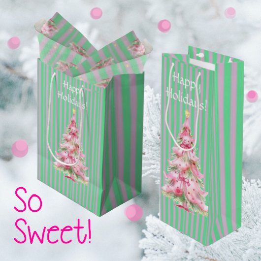 Personalized Mint Green Pink Stripe Christmas Tree ワインギフトバッグ