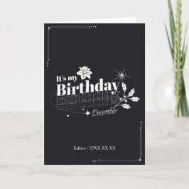 Personalized Modern Black Floral December Birthday カード