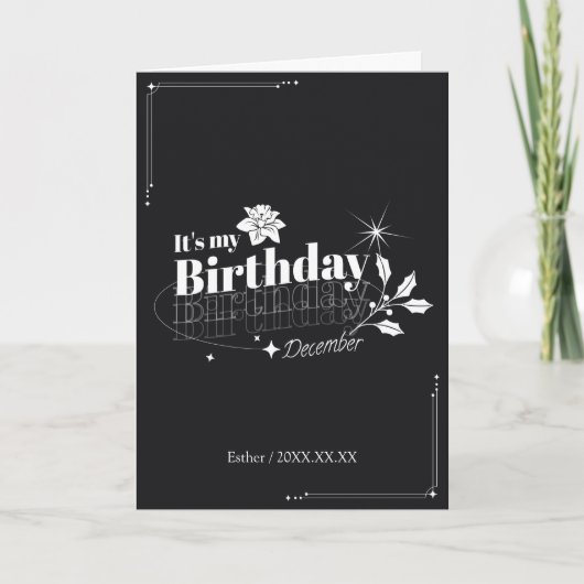 Personalized Modern Black Floral December Birthday カード (正面)