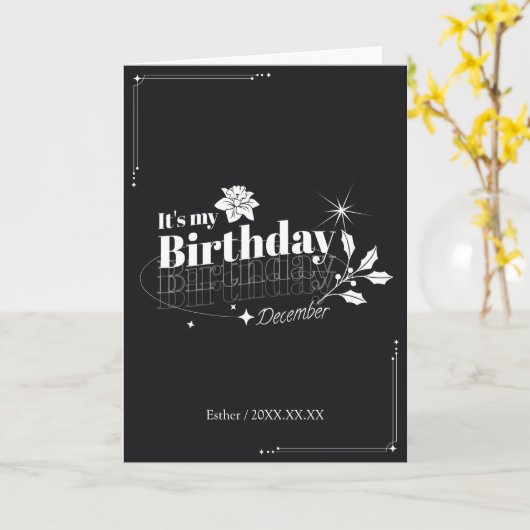 Personalized Modern Black Floral December Birthday カード (黄色い花)