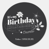Personalized Modern Black Floral December Birthday ラウンドシール (正面)