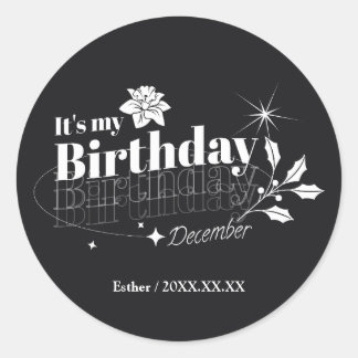 Personalized Modern Black Floral December Birthday ラウンドシール