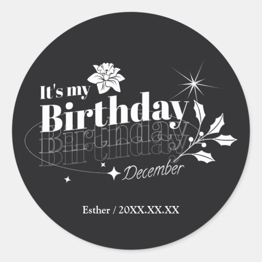 Personalized Modern Black Floral December Birthday ラウンドシール (正面)