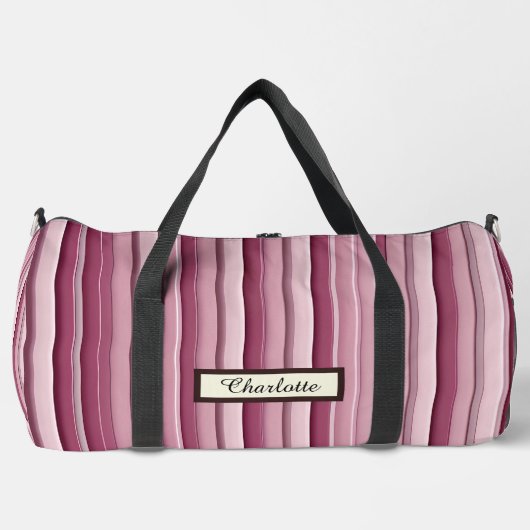 Personalized Modern Pink Mauve Striped Duffle Bag ダッフルバッグ (正面)