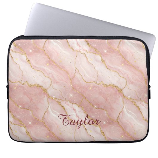 Personalized Modern Rose Quartz Marble Gold Glitte ラップトップスリーブ (正面)