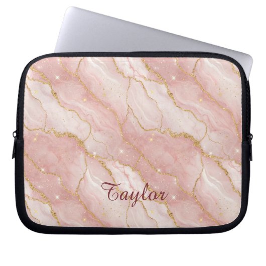 Personalized Modern Rose Quartz Marble Gold Glitte ラップトップスリーブ (正面)