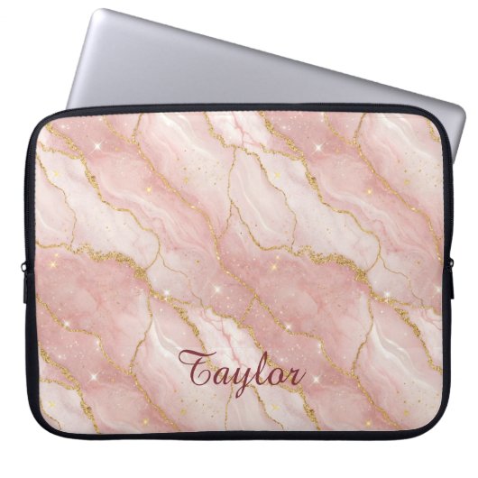 Personalized Modern Rose Quartz Marble Gold Glitte ラップトップスリーブ (正面)