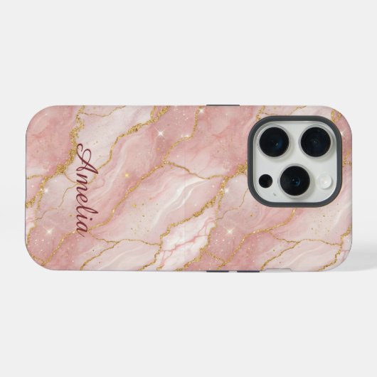 Personalized Modern Rose Quartz Marble Gold iPhoneケース (裏面横)
