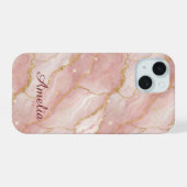 Personalized Modern Rose Quartz Marble Gold iPhone 15ケース (裏面横)