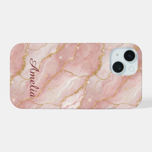Personalized Modern Rose Quartz Marble Gold iPhone 15ケース (裏面横)