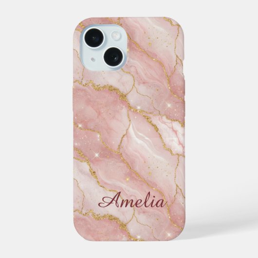 Personalized Modern Rose Quartz Marble Gold iPhone 15ケース (裏面)