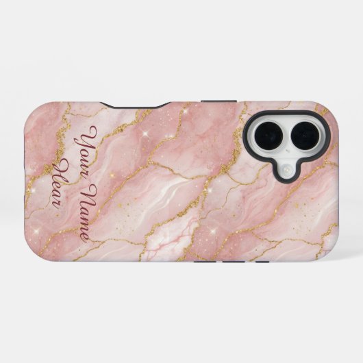 Personalized Modern Rose Quartz Marble Gold iPhone 16ケース (裏面横)