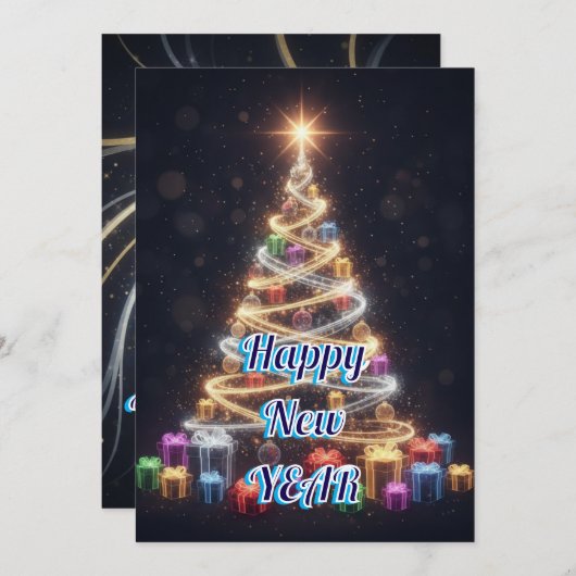 Personalized Modern Tree New Year Holiday Card シーズンカード (正面/裏面)