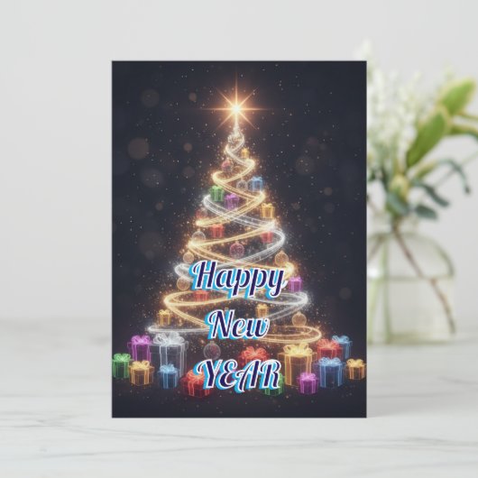 Personalized Modern Tree New Year Holiday Card シーズンカード (スタンド正面)