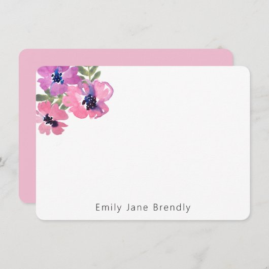 Personalized Modern Watercolor Pink Floral  ノートカード (正面/裏面)