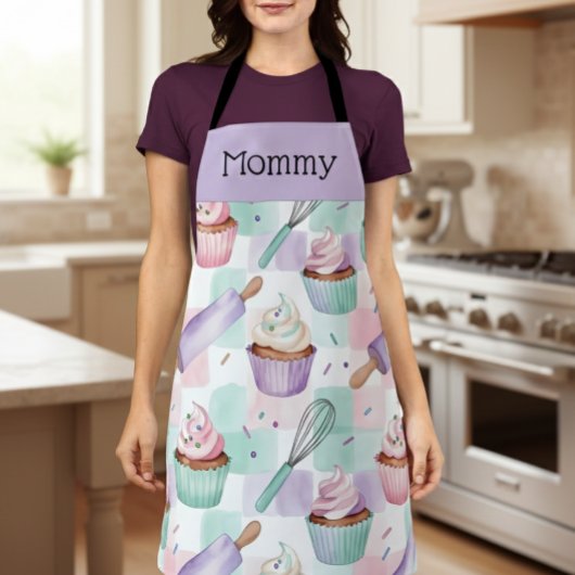 Personalized Mom Lavender Teal Cupcake Baking Crew エプロン